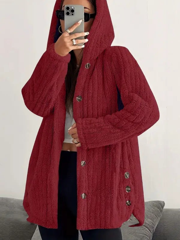 Side Slit Button Hooded Plush Outerwear