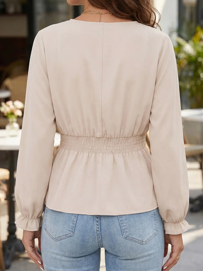 Women V Neck Smocked Waist Button Down Long Sleeve Blouse