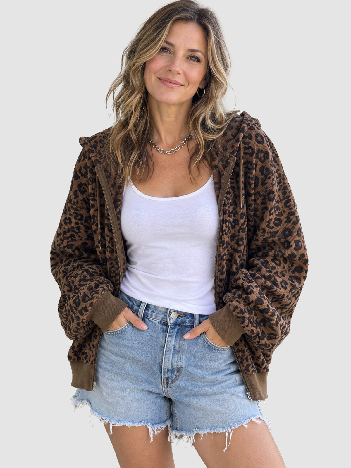 Women Leopard Print Drawstring Hooded Zip Jacket