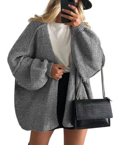 Oversized Lantern Sleeve Open Front Knit Cardigan