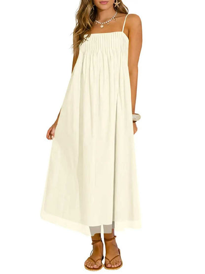 Women's Spaghetti Straps Chiffon Casual Long Dress with Pockets