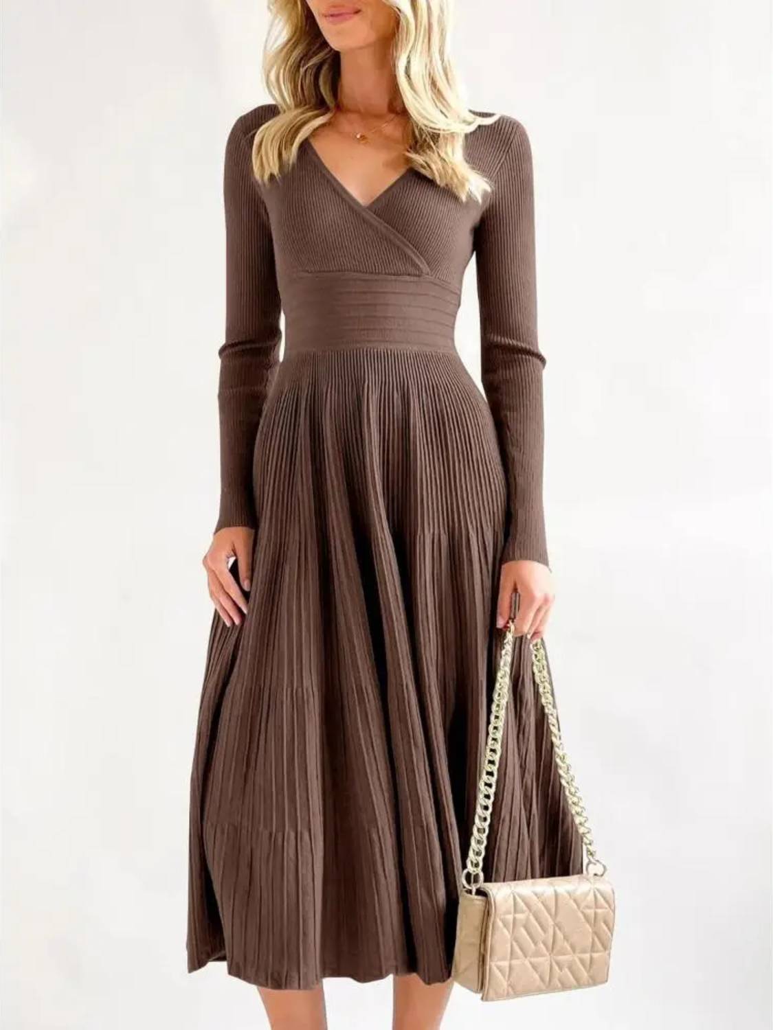 Womens Longsleeve Wrap V-Neck A-Line Sweater Dress