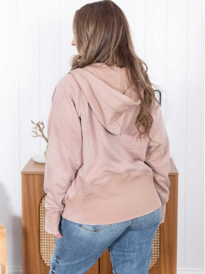 Womens Casual Washed Half Zip Hoodie With Thumb Holes