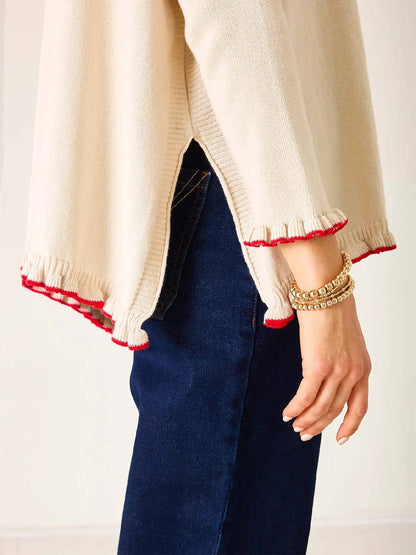 Women's Long Sleeve Contrast Color Ruffle Hem Knit Top