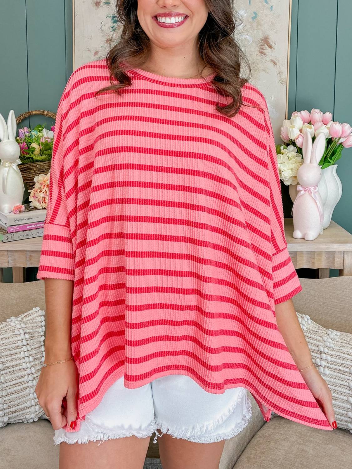 Women's Striped Ribbed Oversized 3/4 Sleeve Top