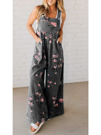 Women's Floral Print Trendy High Waist Wide Leg Denim Jumpsuit