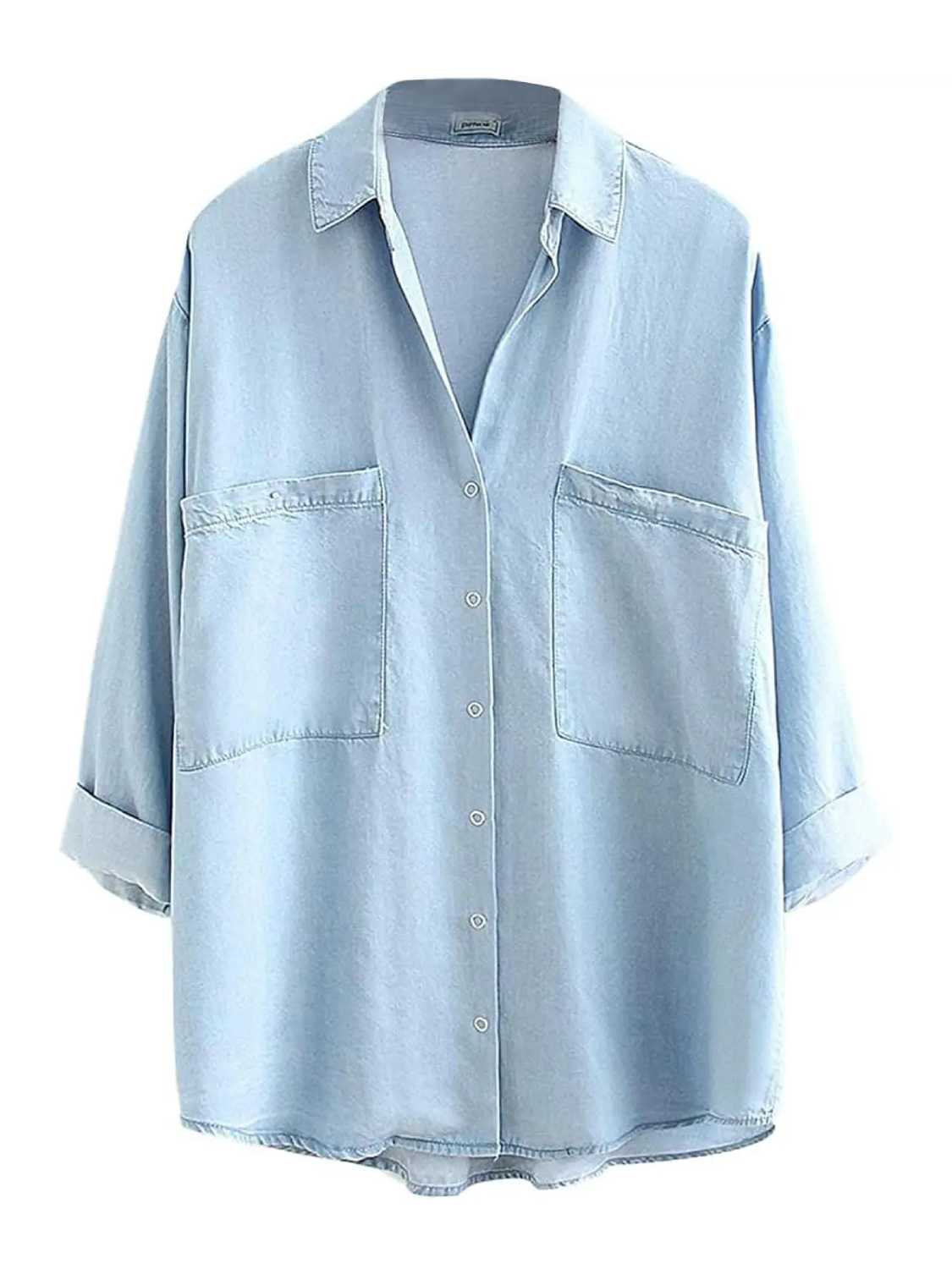 Womens Button Down Jean Shirts Denim Tencel 3/4 Sleeve Tops