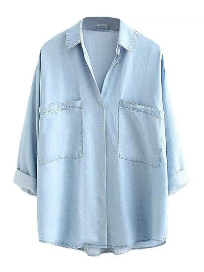 Womens Button Down Jean Shirts Denim Tencel 3/4 Sleeve Tops