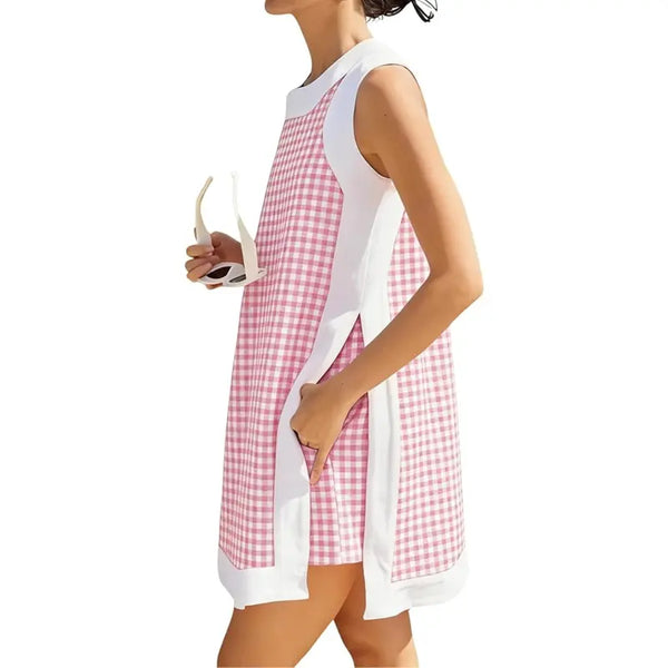 Gingham Plaid Color Block Sleeveless Tunic Top & Pocket High Waist Shorts 2 Piece Set