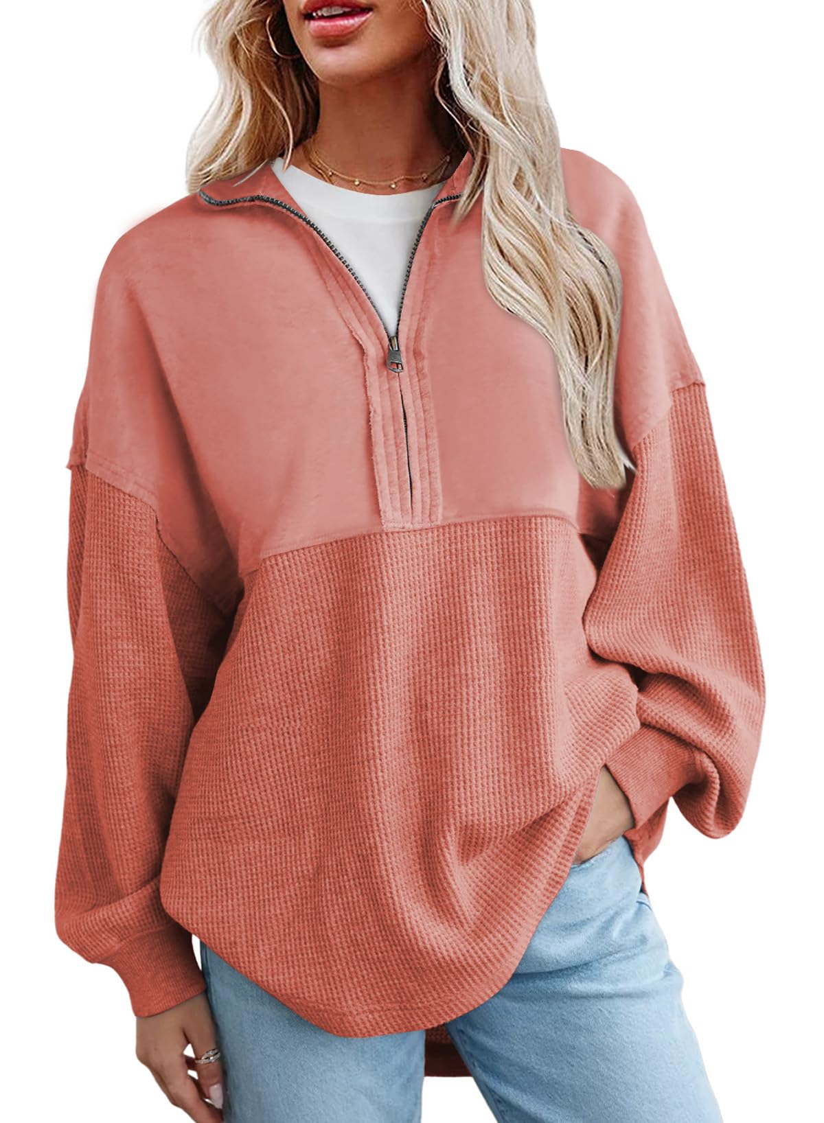 Women's  Waffle Knit Half Zip Pullover Casual Sweatshirt