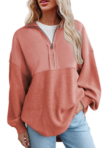 Women's  Waffle Knit Half Zip Pullover Casual Sweatshirt