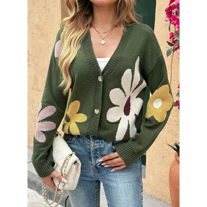 V-Neck Floral Pattern Button Knit Cardigan