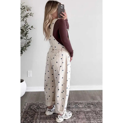 Women Loose Wide Leg Polka Dot Denim Overalls With Pockets