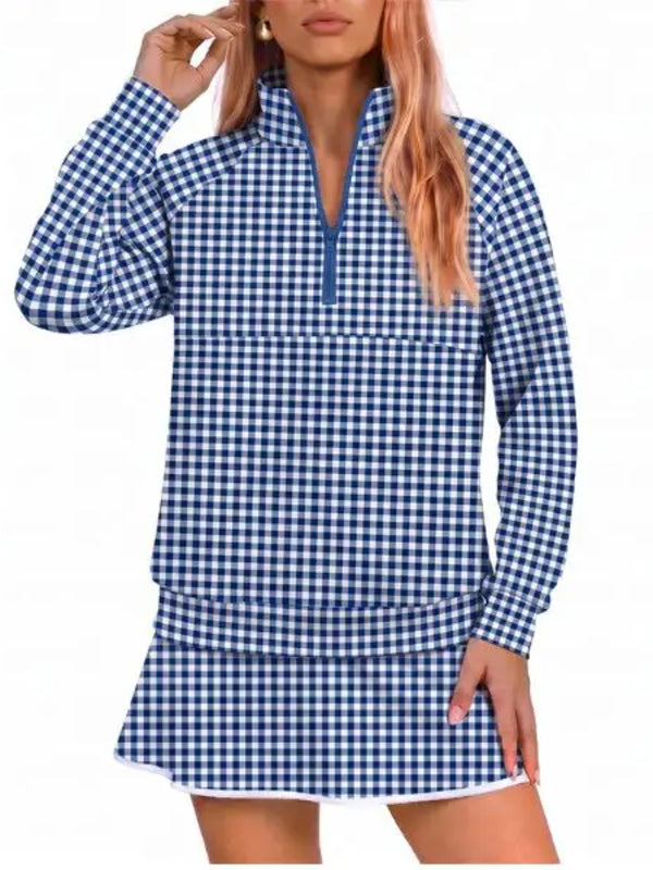 Women Classic Gingham Half‑Zip Top & Layered Skort Casual Sports Two‑Piece Set
