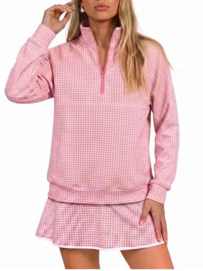 Women Classic Gingham Half‑Zip Top & Layered Skort Casual Sports Two‑Piece Set
