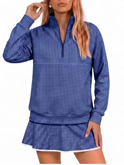 Women Classic Gingham Half‑Zip Top & Layered Skort Casual Sports Two‑Piece Set
