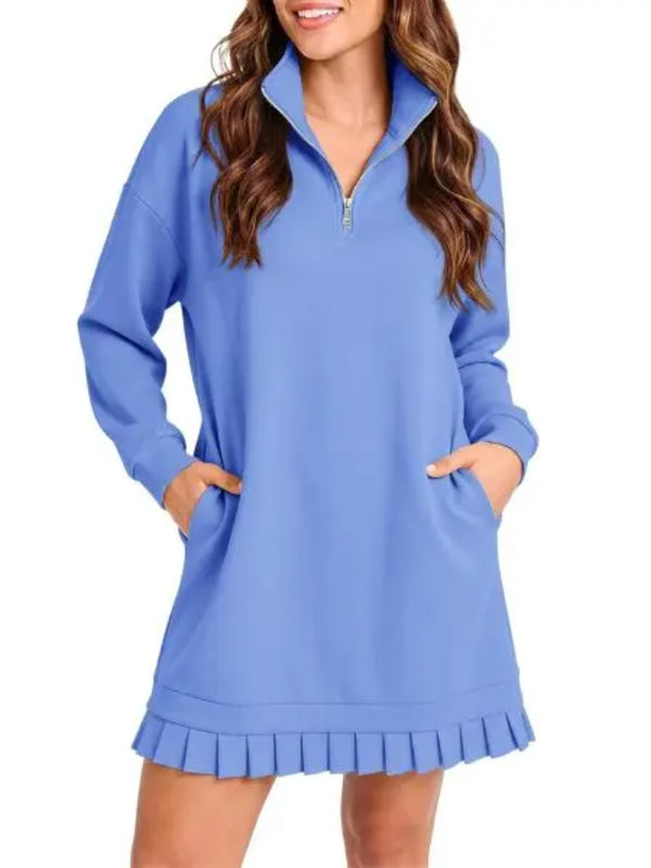 Hot Sale-Women's Half Zip Sweatshirt Dress with Pleated Hem