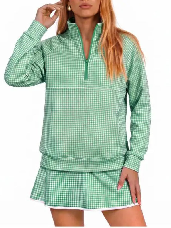 Women Classic Gingham Half‑Zip Top & Layered Skort Casual Sports Two‑Piece Set