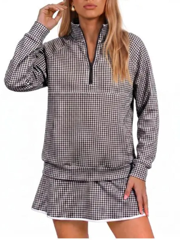Women Classic Gingham Half‑Zip Top & Layered Skort Casual Sports Two‑Piece Set