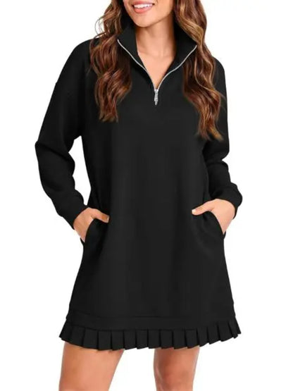 Hot Sale-Women's Half Zip Sweatshirt Dress with Pleated Hem