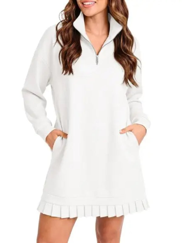 Hot Sale-Women's Half Zip Sweatshirt Dress with Pleated Hem