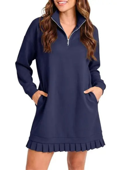 Hot Sale-Women's Half Zip Sweatshirt Dress with Pleated Hem