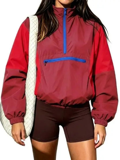 Women Retro Color Block Half Zip Windbreaker