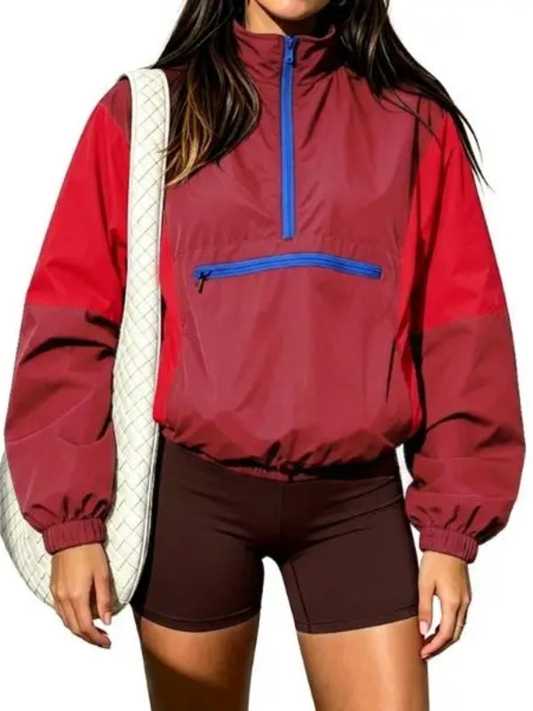 Women Retro Color Block Half Zip Windbreaker