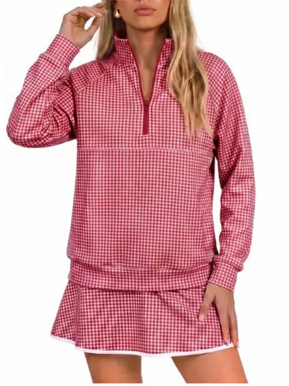 Women Classic Gingham Half‑Zip Top & Layered Skort Casual Sports Two‑Piece Set