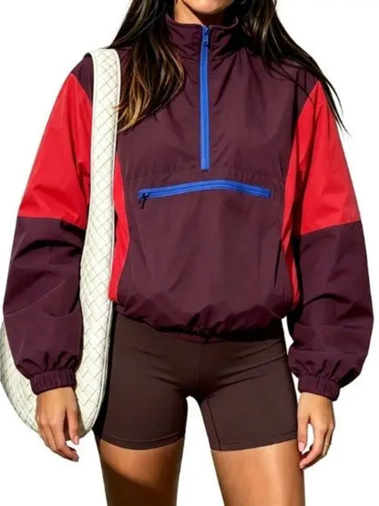 Women Retro Color Block Half Zip Windbreaker