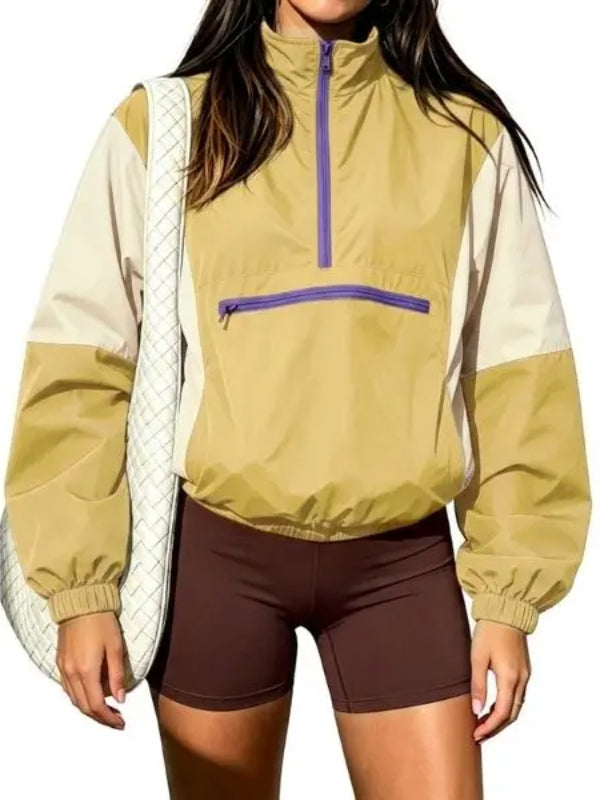 Women Retro Color Block Half Zip Windbreaker