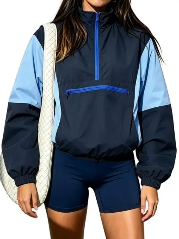 Women Retro Color Block Half Zip Windbreaker