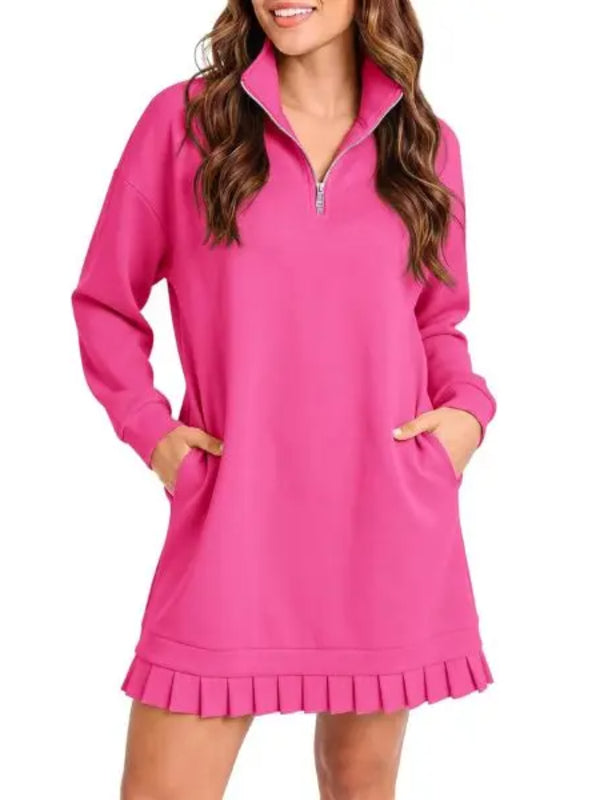 Hot Sale-Women's Half Zip Sweatshirt Dress with Pleated Hem