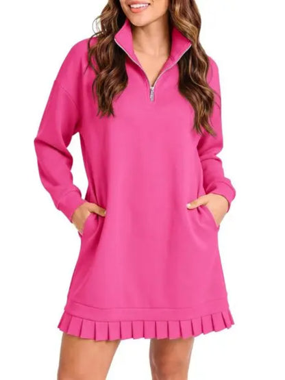 Hot Sale-Women's Half Zip Sweatshirt Dress with Pleated Hem