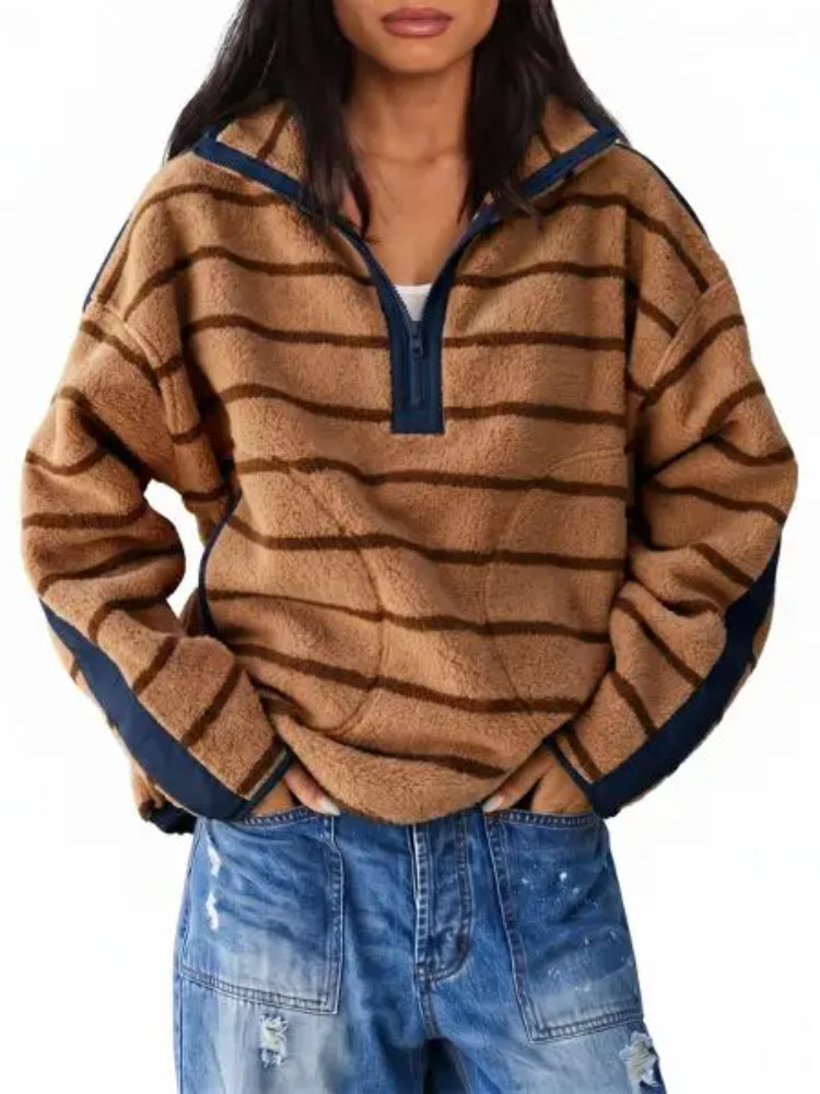 Women Streetwear Contrast Trim Half‑Zip Fleece Pullover Sweatshirt