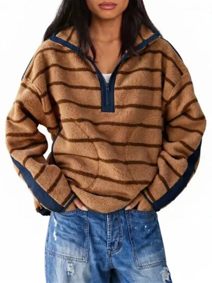 Women Streetwear Contrast Trim Half‑Zip Fleece Pullover Sweatshirt