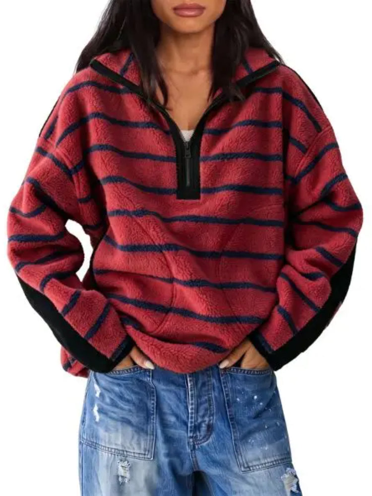 Women Streetwear Contrast Trim Half‑Zip Fleece Pullover Sweatshirt