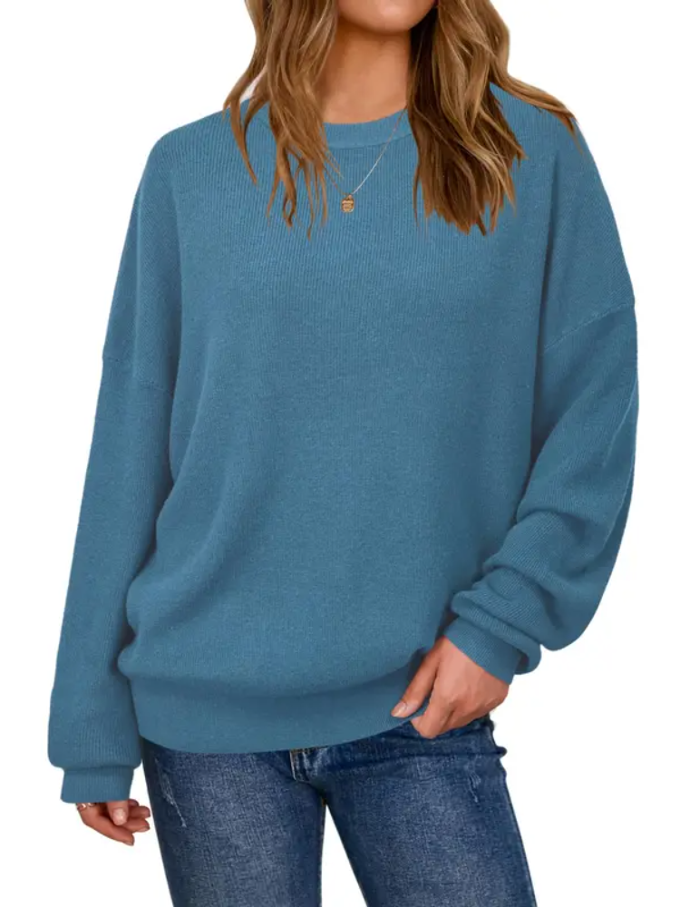 Women Crew Neck Drop Shoulder Oversized Long Sleeve Casual Sweater