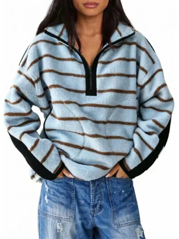 Women Streetwear Contrast Trim Half‑Zip Fleece Pullover Sweatshirt