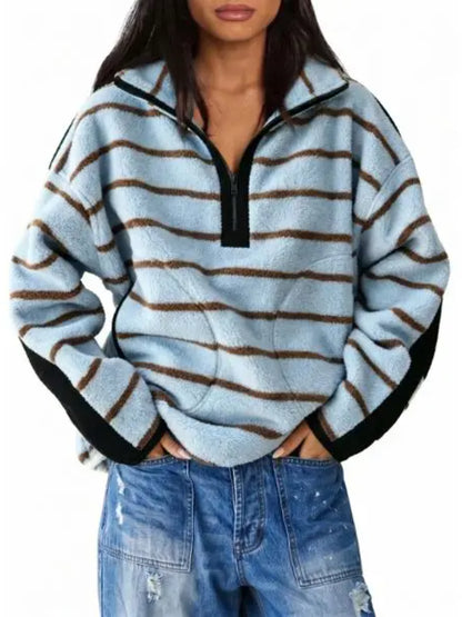 Women Streetwear Contrast Trim Half‑Zip Fleece Pullover Sweatshirt