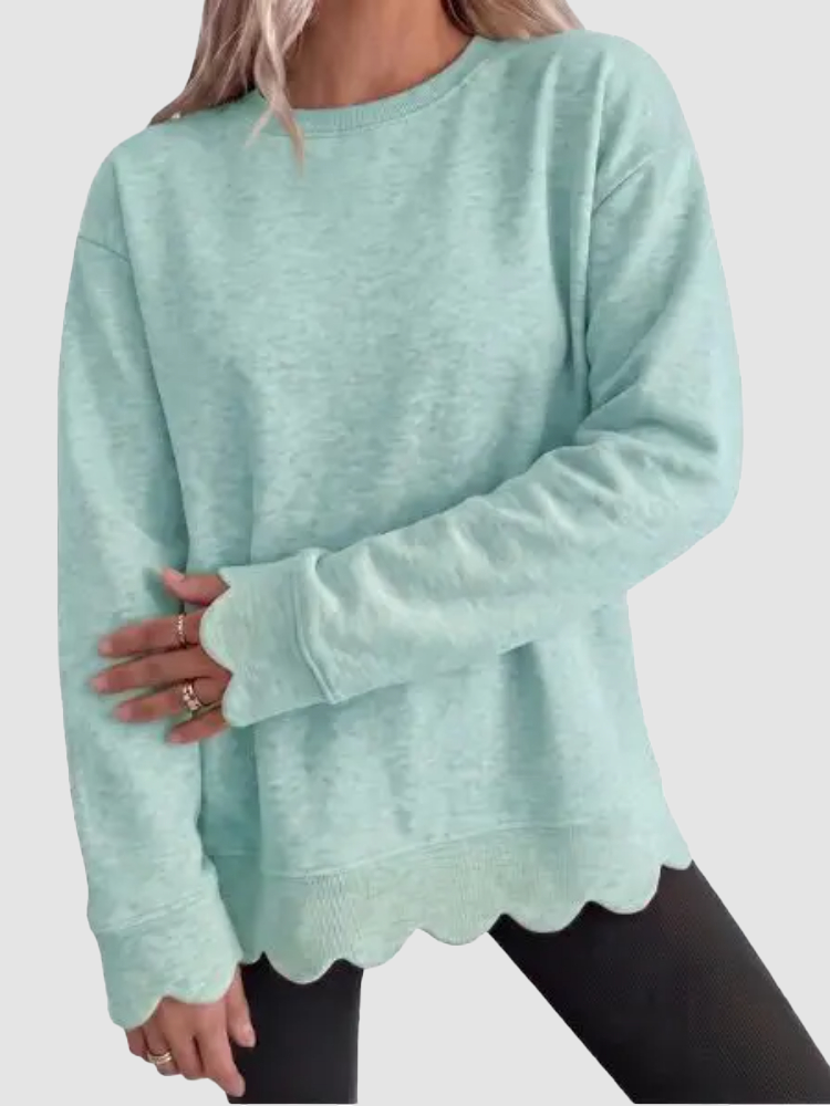 Women Crew Neck Oversized Long Sleeve Sweatshirt With Scallop Cuff And Hem
