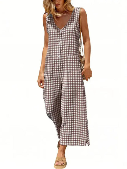 Women Sleeveless V-Neck Plaid Button Front Loose Wide Leg Jumpsuit