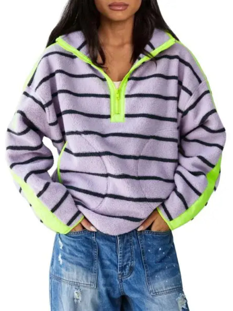 Women Streetwear Contrast Trim Half‑Zip Fleece Pullover Sweatshirt
