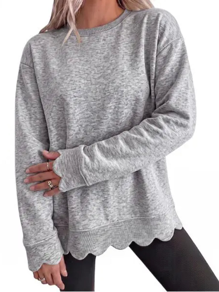 Women Crew Neck Oversized Long Sleeve Sweatshirt With Scallop Cuff And Hem