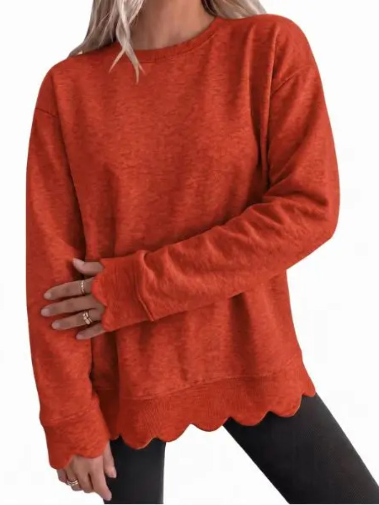 Women Crew Neck Oversized Long Sleeve Sweatshirt With Scallop Cuff And Hem