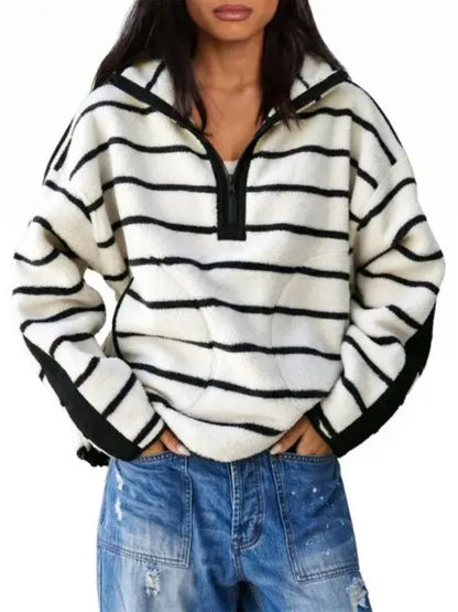 Women Streetwear Contrast Trim Half‑Zip Fleece Pullover Sweatshirt