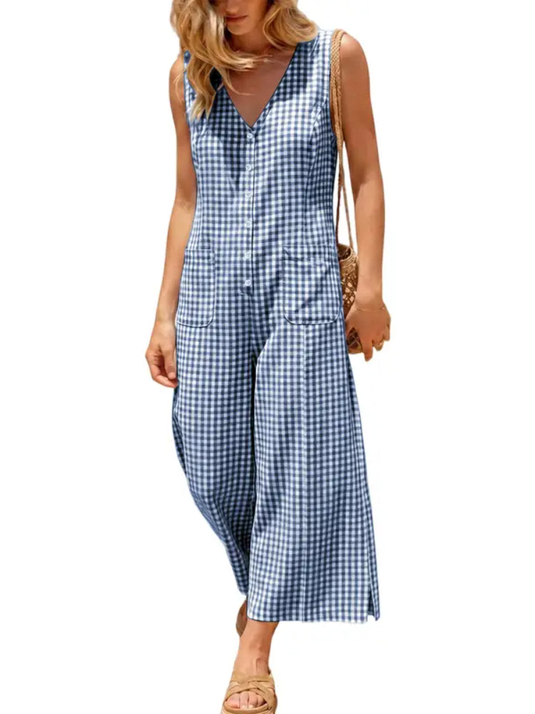 Women Sleeveless V-Neck Plaid Button Front Loose Wide Leg Jumpsuit
