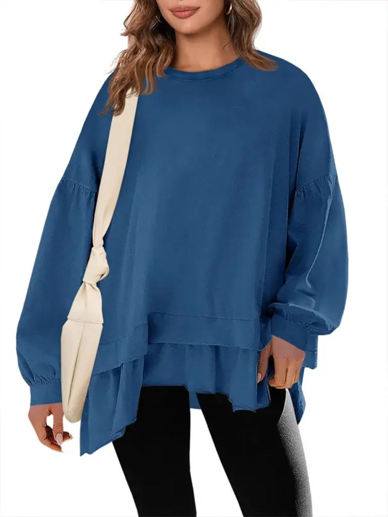 Women Oversized Peplum Asymmetrical Hem Crew Neck Long Sleeve Casual Top