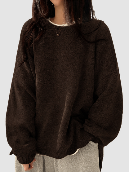 Oversized Round‑Neck Knit Sweater & Loose Split‑Hem Drop‑Shoulder Top