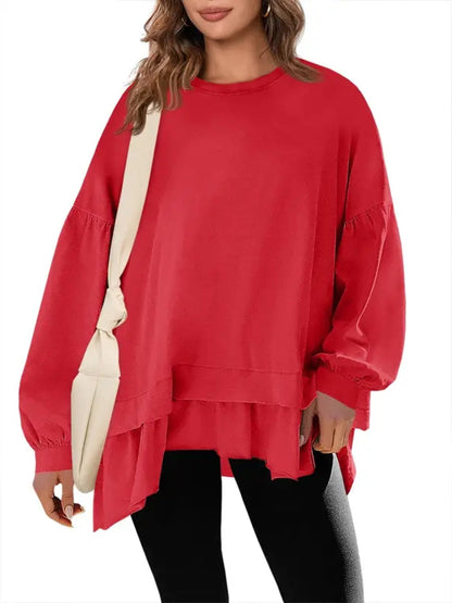 Women Oversized Peplum Asymmetrical Hem Crew Neck Long Sleeve Casual Top
